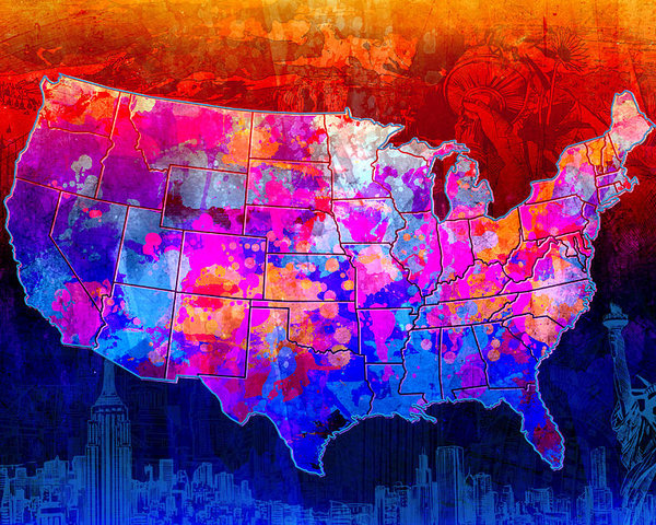 600x480 United States Colorful Map Collage Poster By Bekim Art - Us Map Painting