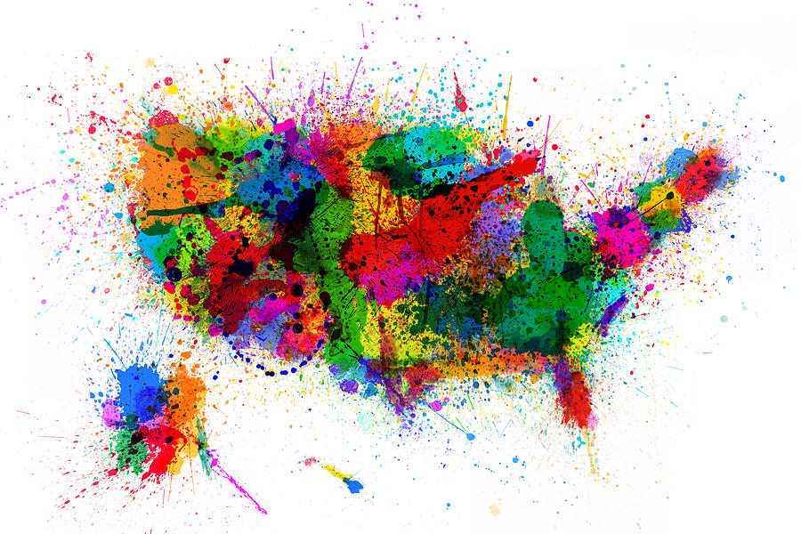900x600 United States Paint Splashes Map Digital Art By Michael Tompsett - Us Map Painting
