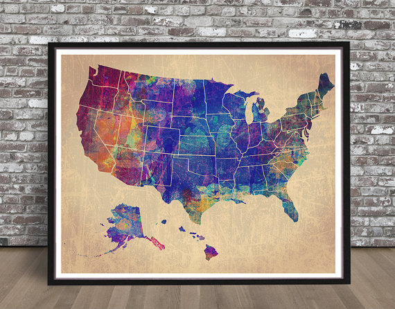 570x446 Vintage United States Watercolor Map 4 State Lines Watercolour - Us Map Painting