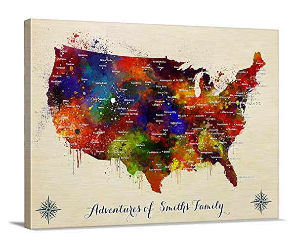595x500 Watercolor Us Map Push Pin Wall Art Canvas Print - Us Map Painting