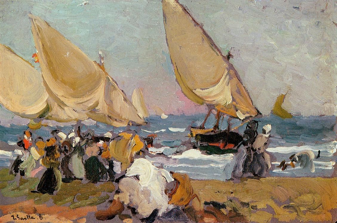 1129x747 Joaquin Sorolla Y Bastida Sailing Vessels On A Breezy Day Valencia - Valencia Painting