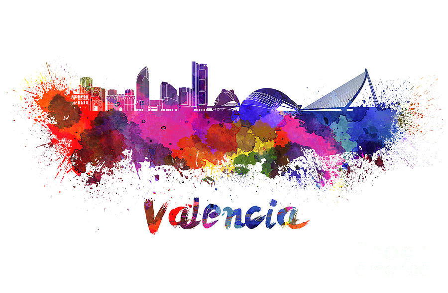 900x590 Valencia Skyline In Watercolor Painting By Pablo Romero - Valencia Painting