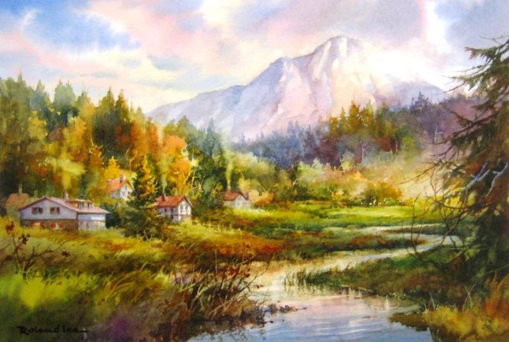 1024x688 Swiss Valley How To Paint A River And Mountains Roland Lee - Valley Painting