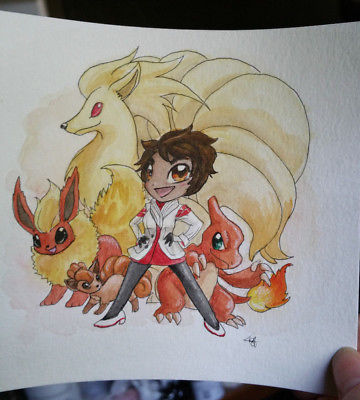 360x400 Pokemon Go Watercolor Painting Valor Red Candela Chibi Ninetails - Valor Painting