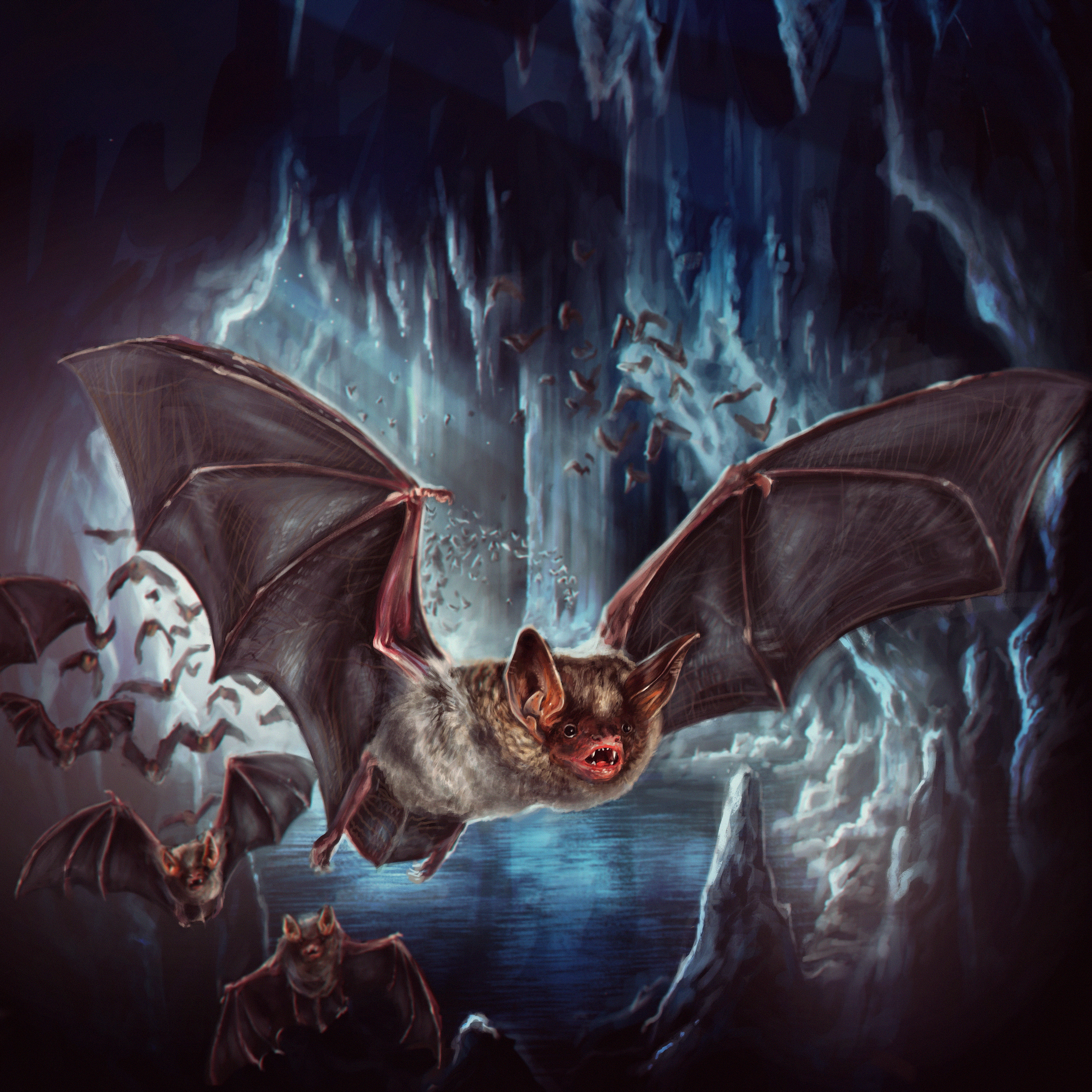 2988x2988 Great Painting Bat Flock Flying In Cave - Vampire Bat Painting