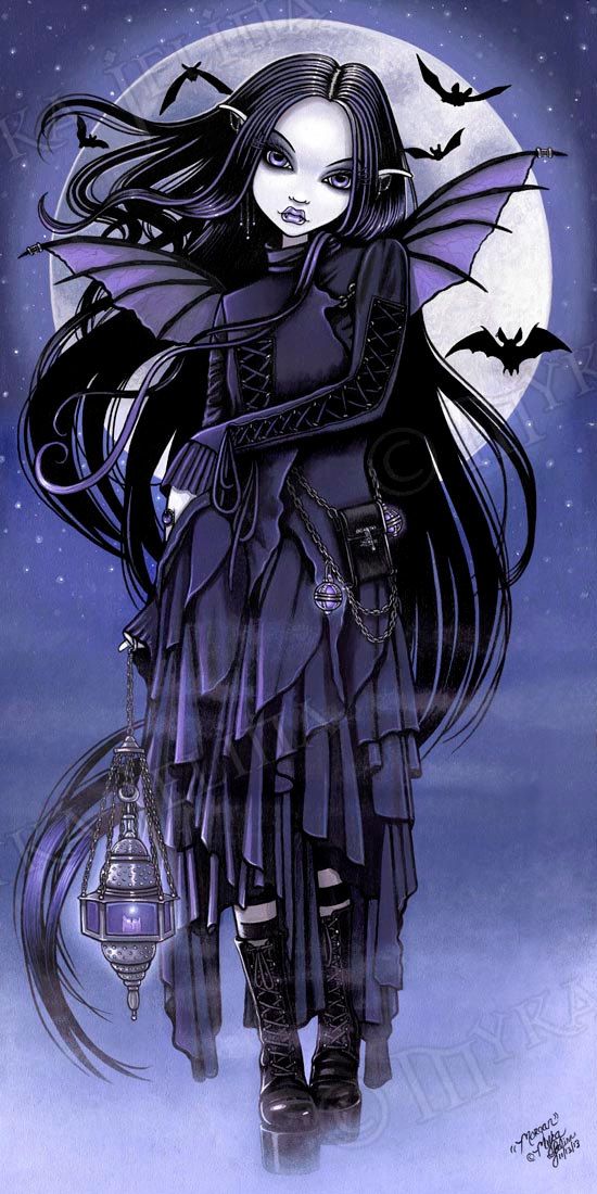 550x1100 Reserved Morgan Gothic Purple Vampire Bat Fairy Moon Original - Vampire Bat Painting