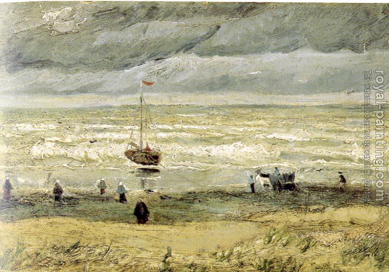 800x560 Beach With Figures And Sea With A Ship By Vincent Van Gogh Oil - Van Gogh Beach Painting