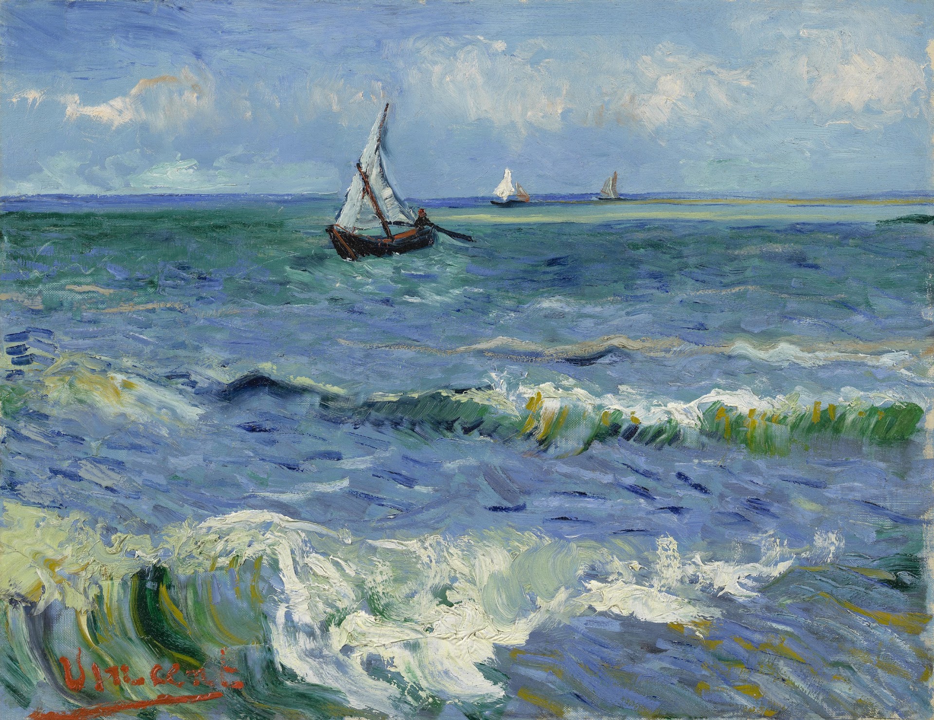 1920x1480 Seascape Near Les Saintes Maries De La Mer - Van Gogh Boat Painting