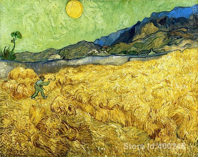 640x510 Hand Painting Art Wheat Field With Reaper And Sun Of Vincent Van - Van Gogh Field Painting