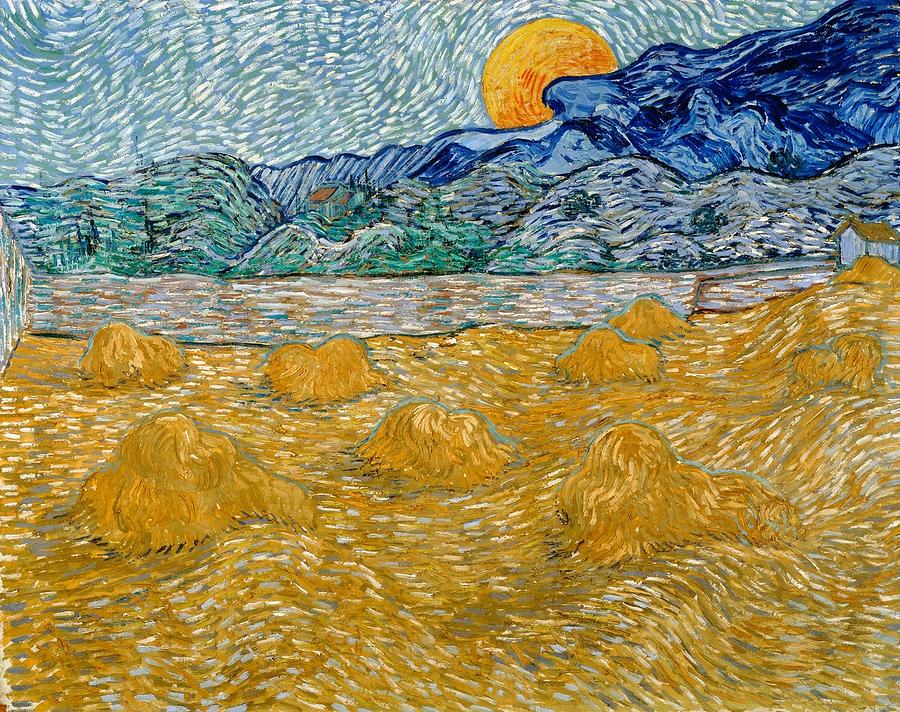 900x712 Landscape With Wheat Sheaves And Rising Moon Painting By Vincent - Van Gogh Moon Painting