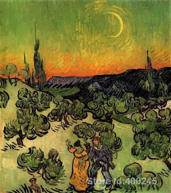 566x640 Online Shop Impressionist Art Landscape With Couple Walking - Van Gogh Moon Painting