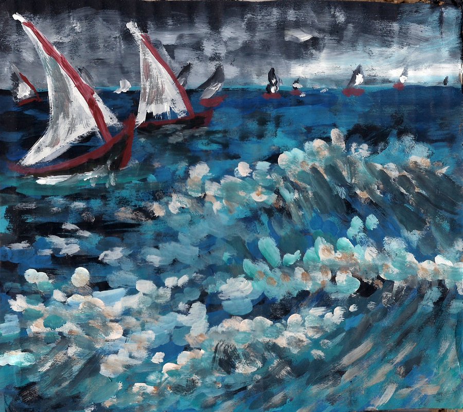 900x802 Fishing Boats - Van Gogh Sailboat Painting