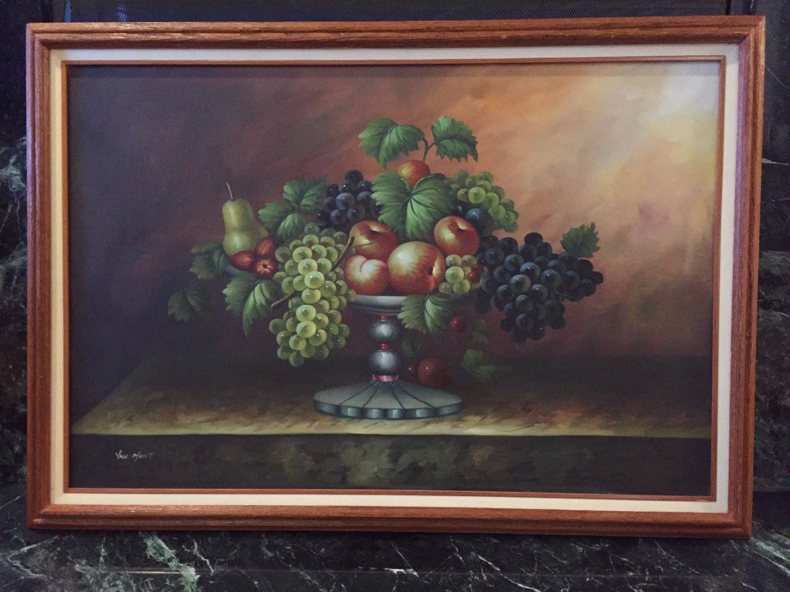 1600x1200 Framed Oil Canvas Fruits And Vase Still Life Signed By Artist - Van Hunt Painting