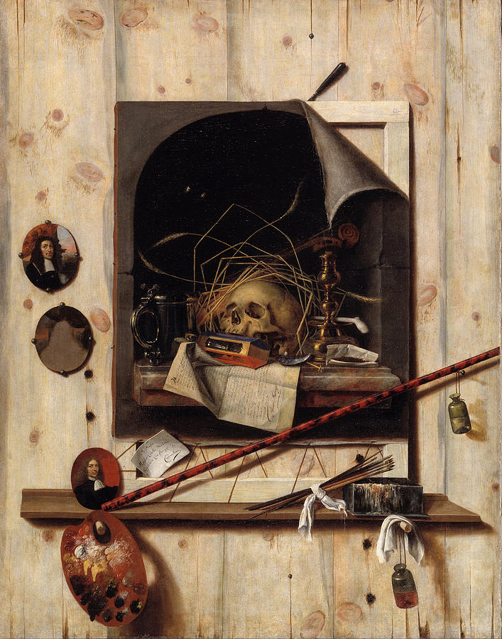 707x900 Trompe L'Oeil With Studio Wall And Vanitas Still Life Painting By - Vanitas Still Life Painting