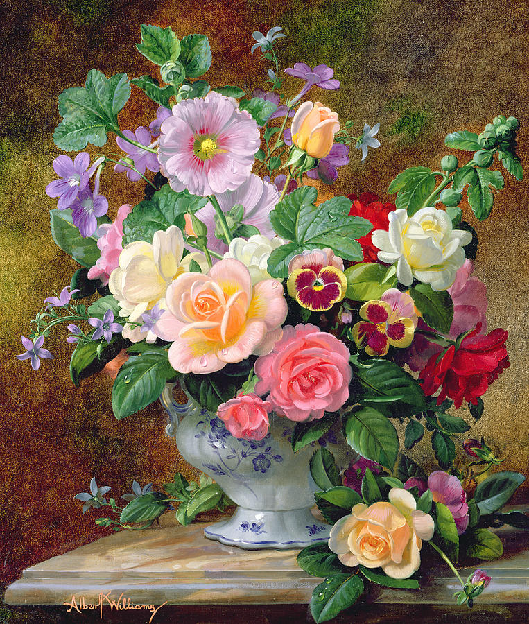 763x900 Roses Pansies And Other Flowers In A Vase Painting By Albert Williams - Vase Flower Painting