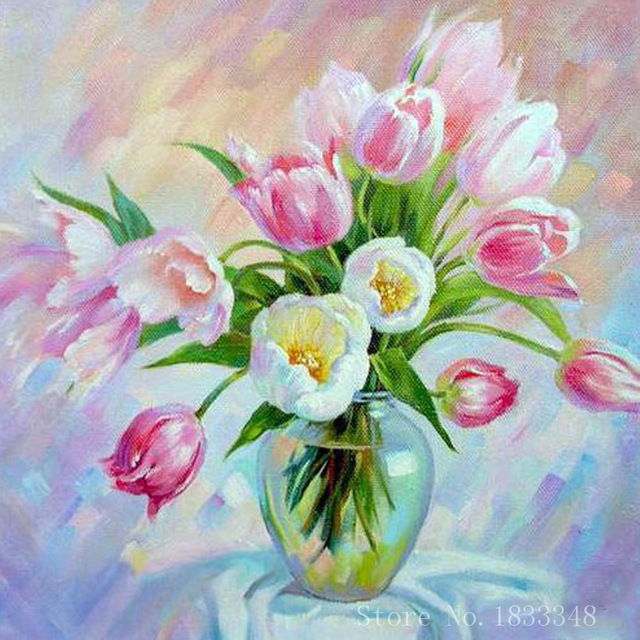 640x640 Diamond Painting Pink Tulip Diamond Mosaic Flowers In A Vase Diy - Vase Of Flowers Painting
