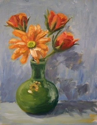 330x425 Flower Painting On Vase New Green And Orange Vase Of Flowers - Vase Of Flowers Painting