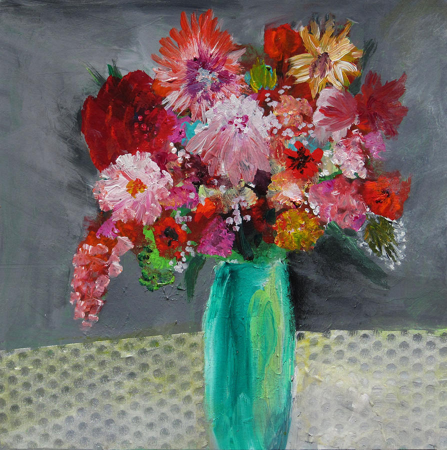 894x900 Flowers In A Green Vase Painting By Marilyn Woods - Vase Of Flowers Painting