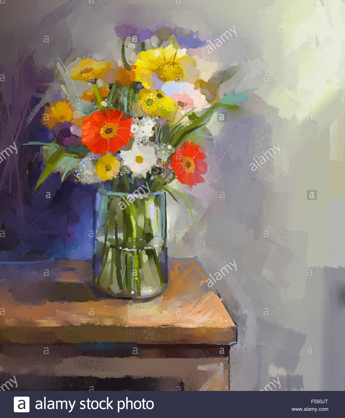 1148x1390 Oil Painting White, Red And Yellow Flowers In Glass Vase In Glass - Vase Of Flowers Painting