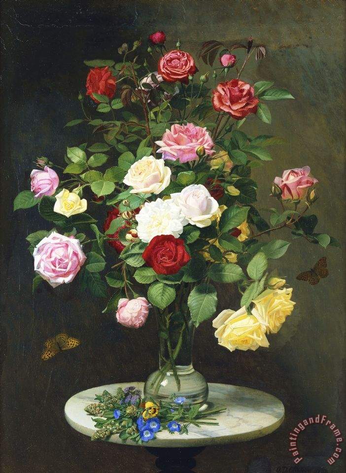 702x960 Otto Didrik Ottesen A Bouquet Of Roses In A Glass Vase By Wild - Vase Of Roses Painting