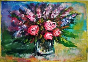 300x212 Aceo Original Flowers Vase Rose Floral Pallet Knife Painting Art - Vase Of Roses Painting