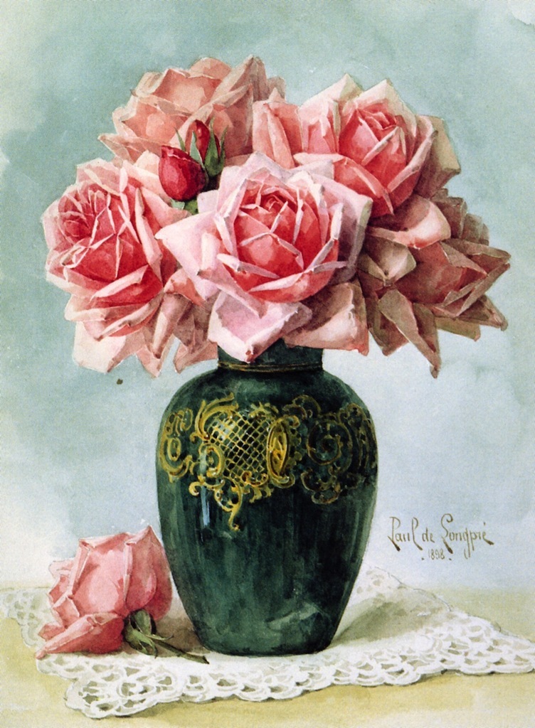752x1024 Vase With Pink Roses Painting Raoul De Longpre Oil Paintings - Vase Of Roses Painting