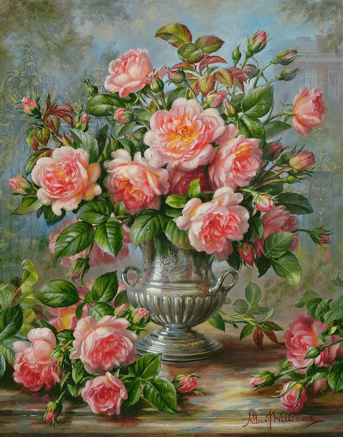 708x900 English Elegance Roses In A Silver Vase Painting By Albert Williams - Vase Of Roses Painting