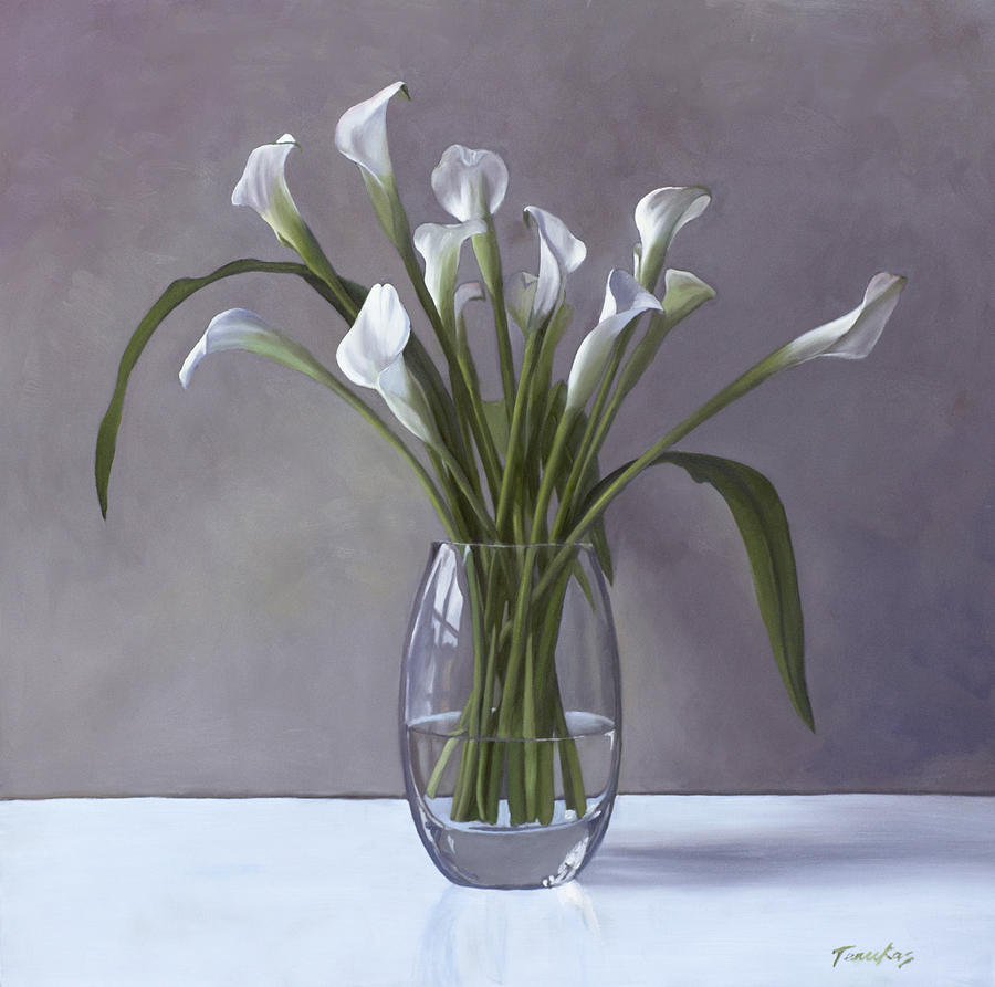 900x893 Calla Lilies In A Vase Painting By Linda Tenukas - Vase Painting
