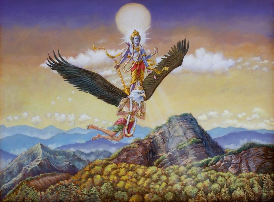 1082x800 Lord Visnu Flying On Garuda, Eagle, Spiritual Art, Vedic Art, Oil - Vedic Painting