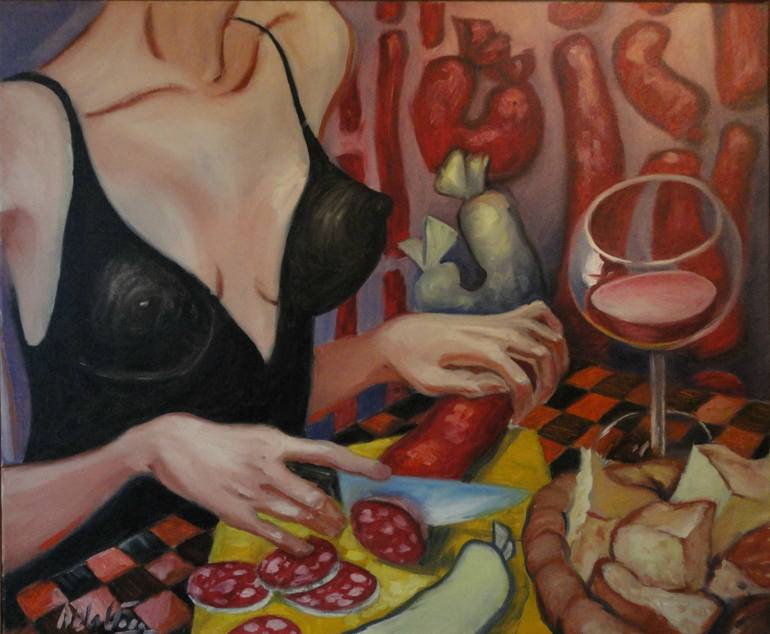 770x634 Saatchi Art Bread, Wine And Charcuterie. Painting By Alvaro De La - Vega Painting