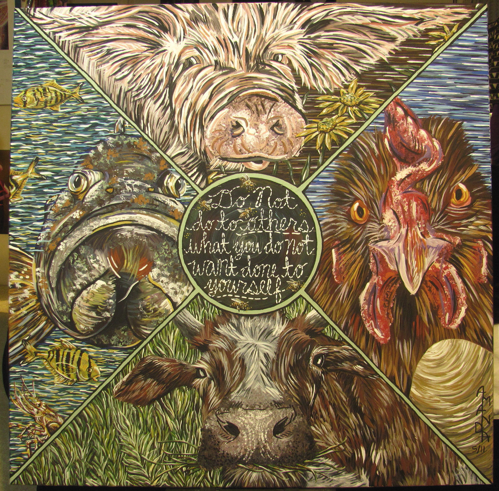 1024x1006 Golden Rule Painting Be Compassion Live Vegan - Vegan Painting