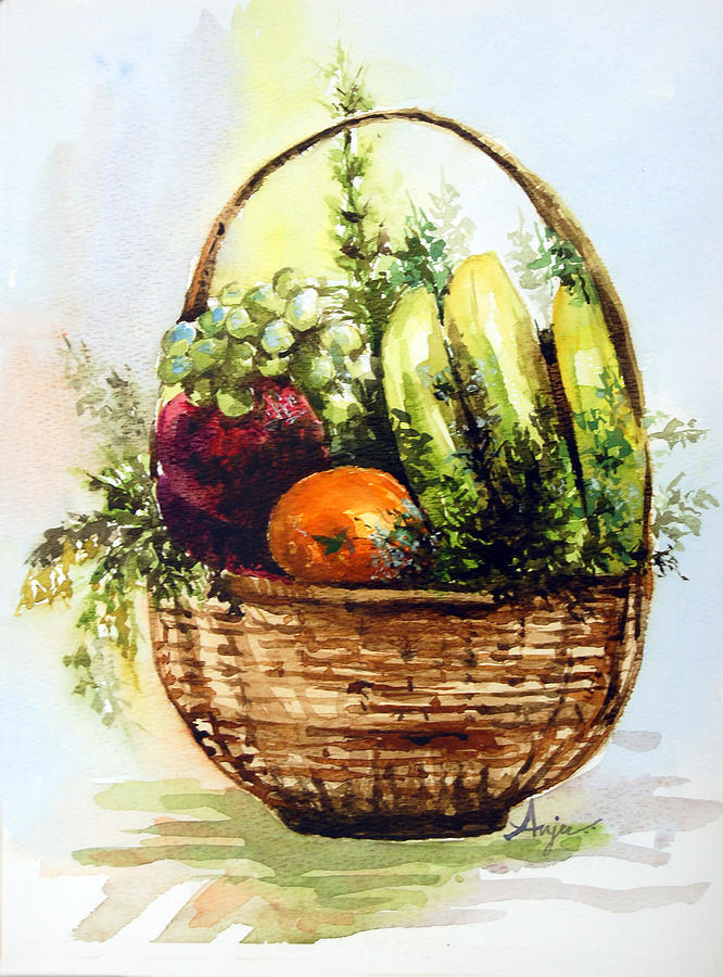666x900 Fruit Basket Painting By Anju Saran - Vegetable Basket Painting
