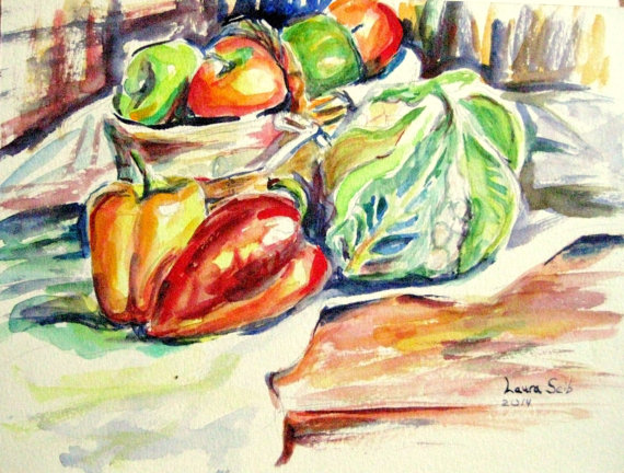 570x432 Original Vegetable Painting Harvest Basket Original Watercolor - Vegetable Basket Painting