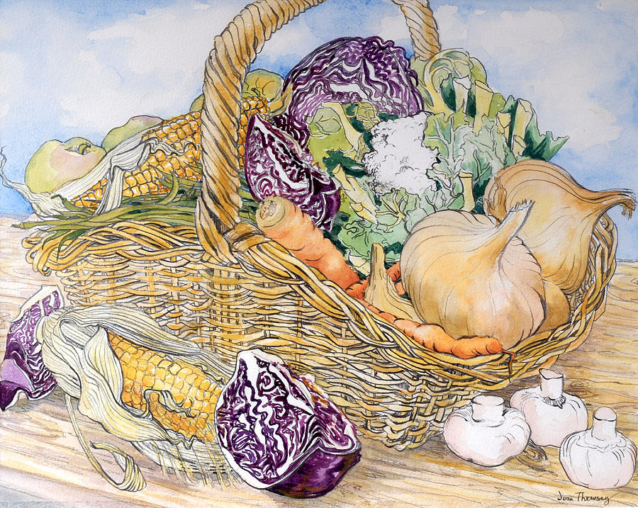 900x717 Vegetables In A Basket Painting By Joan Thewsey - Vegetable Basket Painting