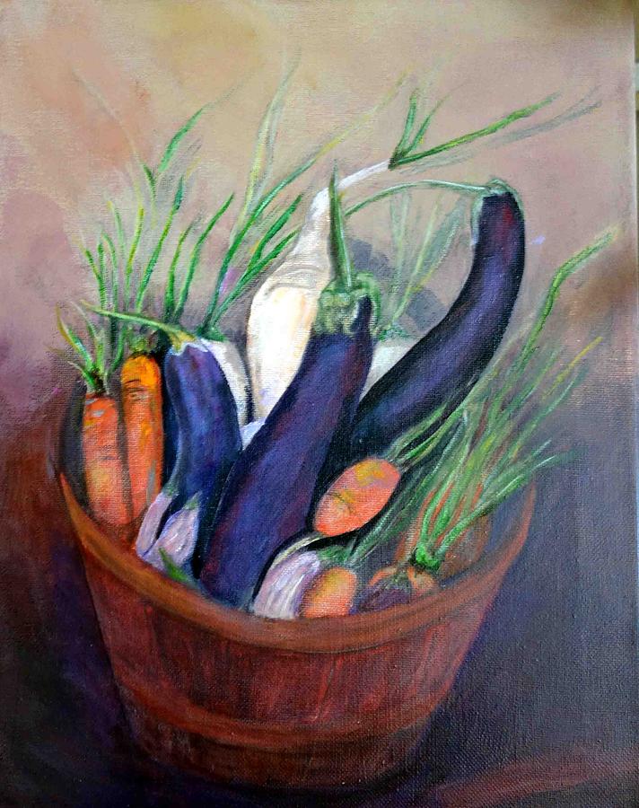 712x900 Vegetables In A Basket Painting By Judie White - Vegetable Basket Painting
