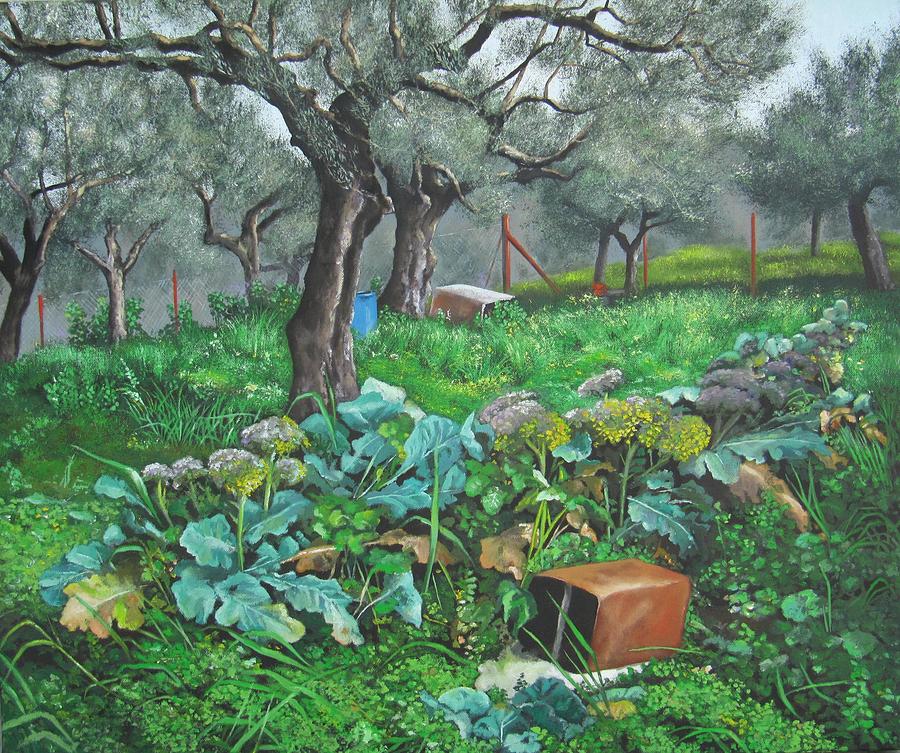900x753 Olive Grove With Vegetable Garden Painting By Anna Poelstra Traga - Vegetable Garden Painting
