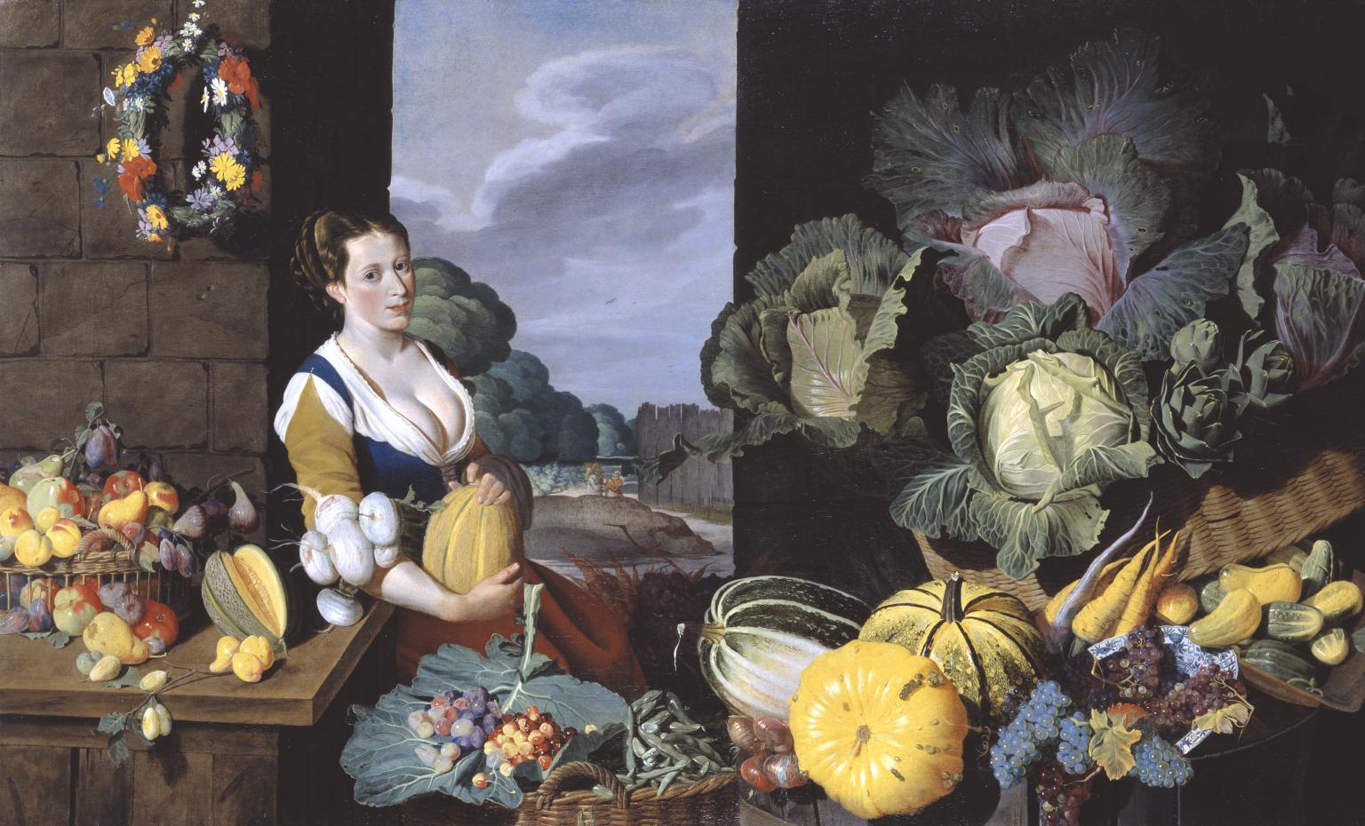 1536x930 Cookmaid With Still Life Of Vegetables And Fruit', Sir Nathaniel - Vegetable Still Life Painting