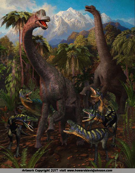 518x666 Dinosaur Art Aucasaurus Pack Hunting Brachiosaurus Herd Theroipod - Velociraptor Painting