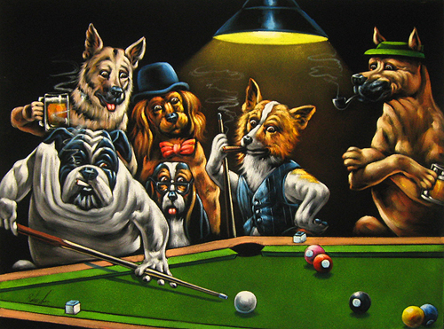 500x371 Velvet Painting Of Dogs Playing Poolilliards 24x18 Or 36 X - Velvet Dog Painting