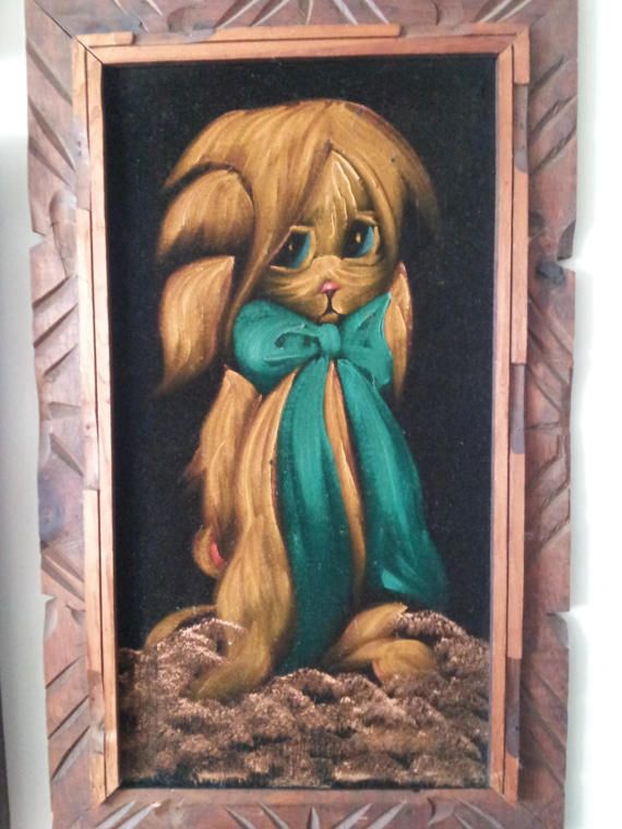 570x760 Vintage 60's Black Velvet Dog Or Cat Wall Hanging With Carved - Velvet Dog Painting