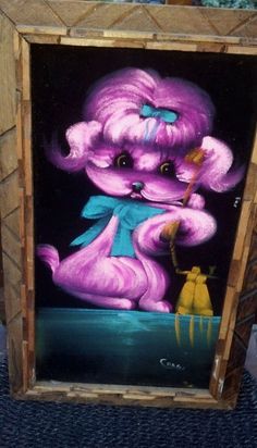 236x412 Vintage Black Velvet Mexico Felt Pink Panther Painting Wood Frame - Velvet Dog Painting