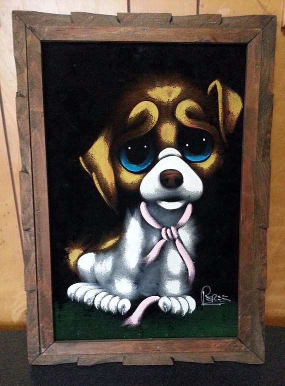 570x770 Vintage Sad Eyed Puppy Dog Framed Black Velvet Painting - Velvet Dog Painting