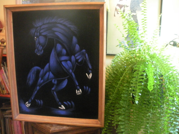 570x428 Large Vintage 70's Black Velvet Blue Horse Painting Crushed - Velvet Horse Painting