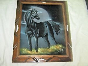 300x225 Vintage Retro Large Mexico Framed Black Velvet Horse Painting - Velvet Horse Painting