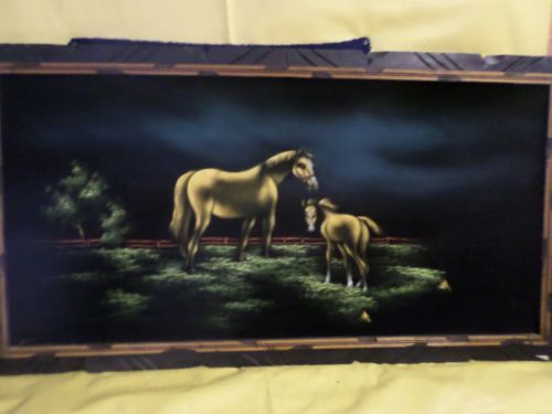500x375 Beautiful Large Vintage Black Velvet Painting Wild Horse With Colt - Velvet Horse Painting