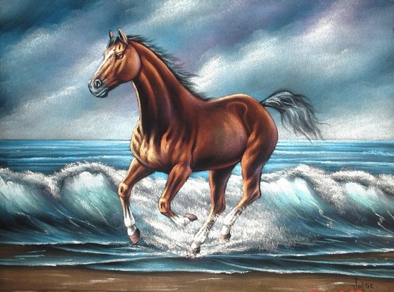 570x423 Brown Horse Beach Landscape Black Velvet Oil Painting - Velvet Horse Painting
