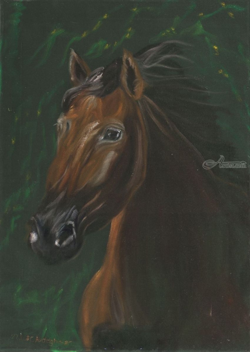 850x1195 Brown Horse Portrait On Green Velvet Paintings By Claudia Luethi - Velvet Horse Painting
