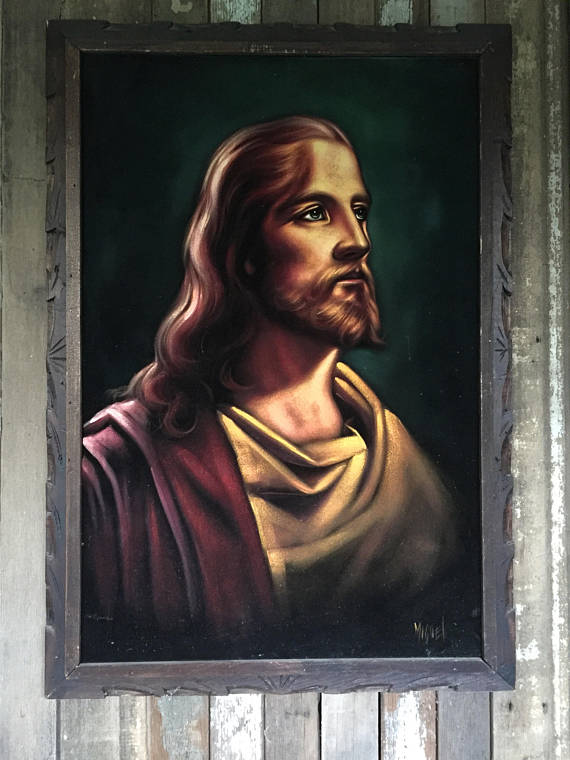 570x760 Big Beautiful Signed Jesus Black Velvet Painting - Velvet Painting