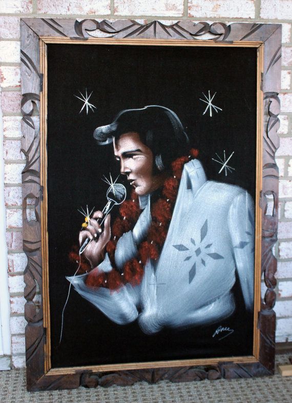 570x785 Vintage Velvet Elvis White Jumpsuit Hawaii Painting By Treasurehut - Velvet Painting Value