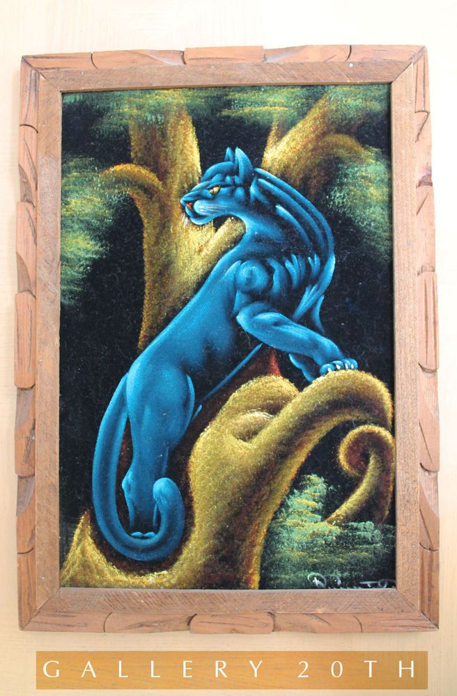 656x1000 Mid Century Modern Blue Panther Painting Vtg 50's Velvet Art - Velvet Panther Painting